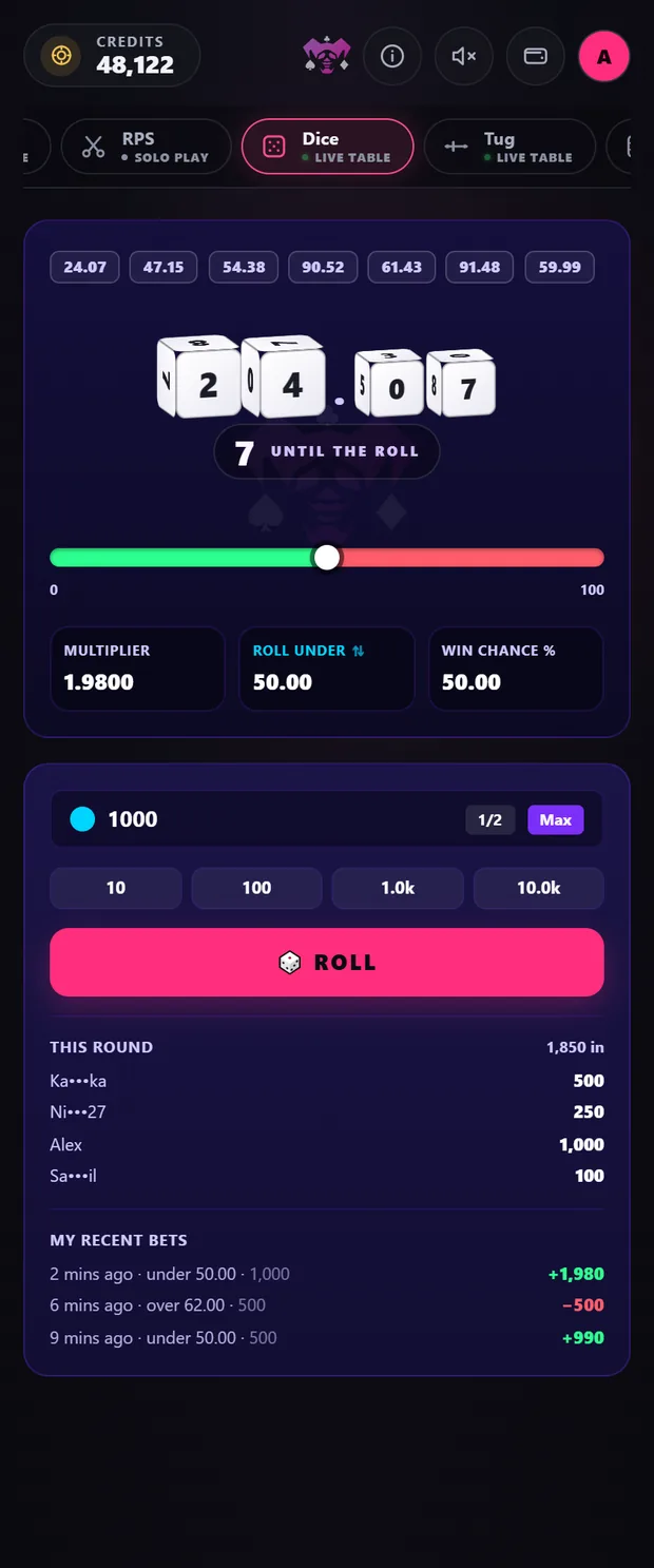 Dice — roll under or over, with the multiplier and win chance.