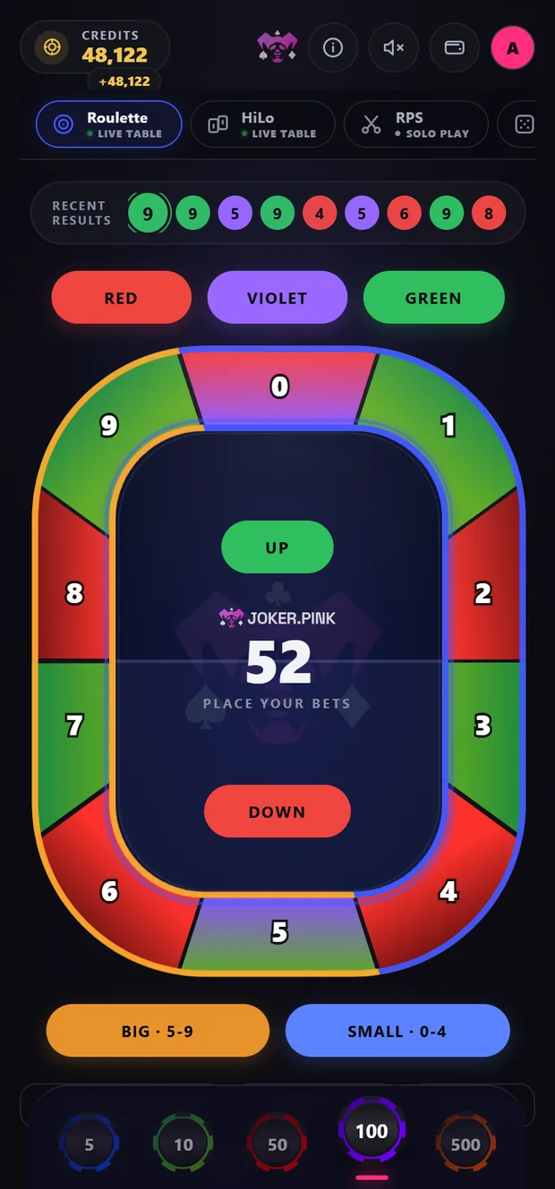 The roulette table on a phone: recent results, colour bets and the wheel.