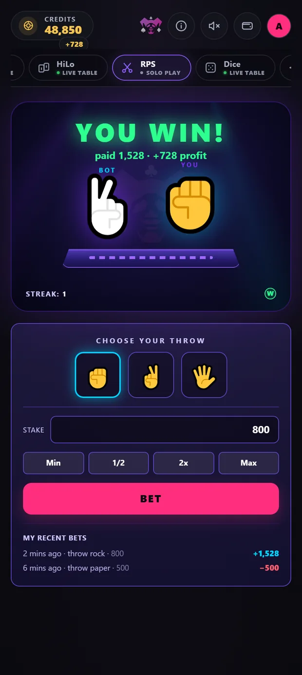 Rock paper scissors — rock beats scissors, paid.